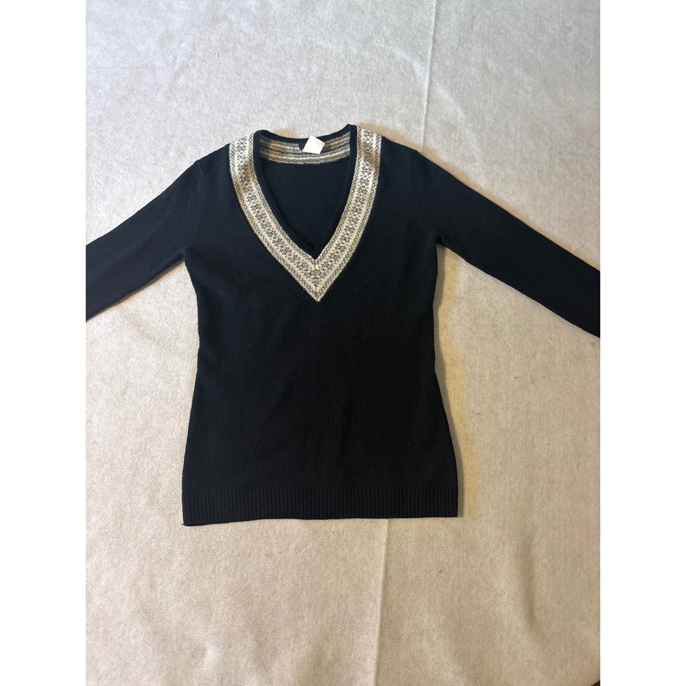 J.Crew Womens Black 100% Lambswool V-Neck Fair Isle Trim‎ Sweater XS 80256 HO06
